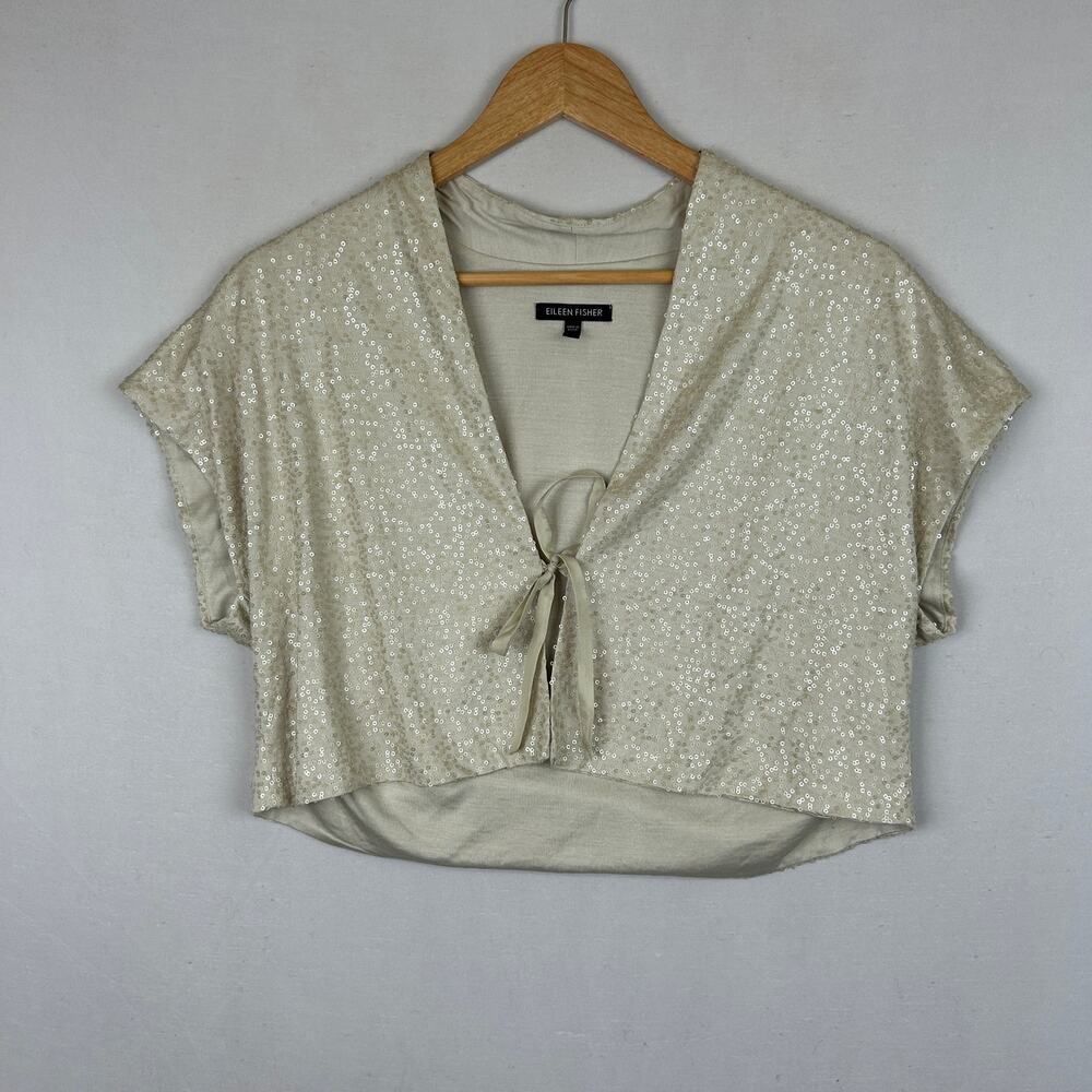 Eileen Fisher 100% Silk Sequin Bolero Tie Front Top Women's Size L